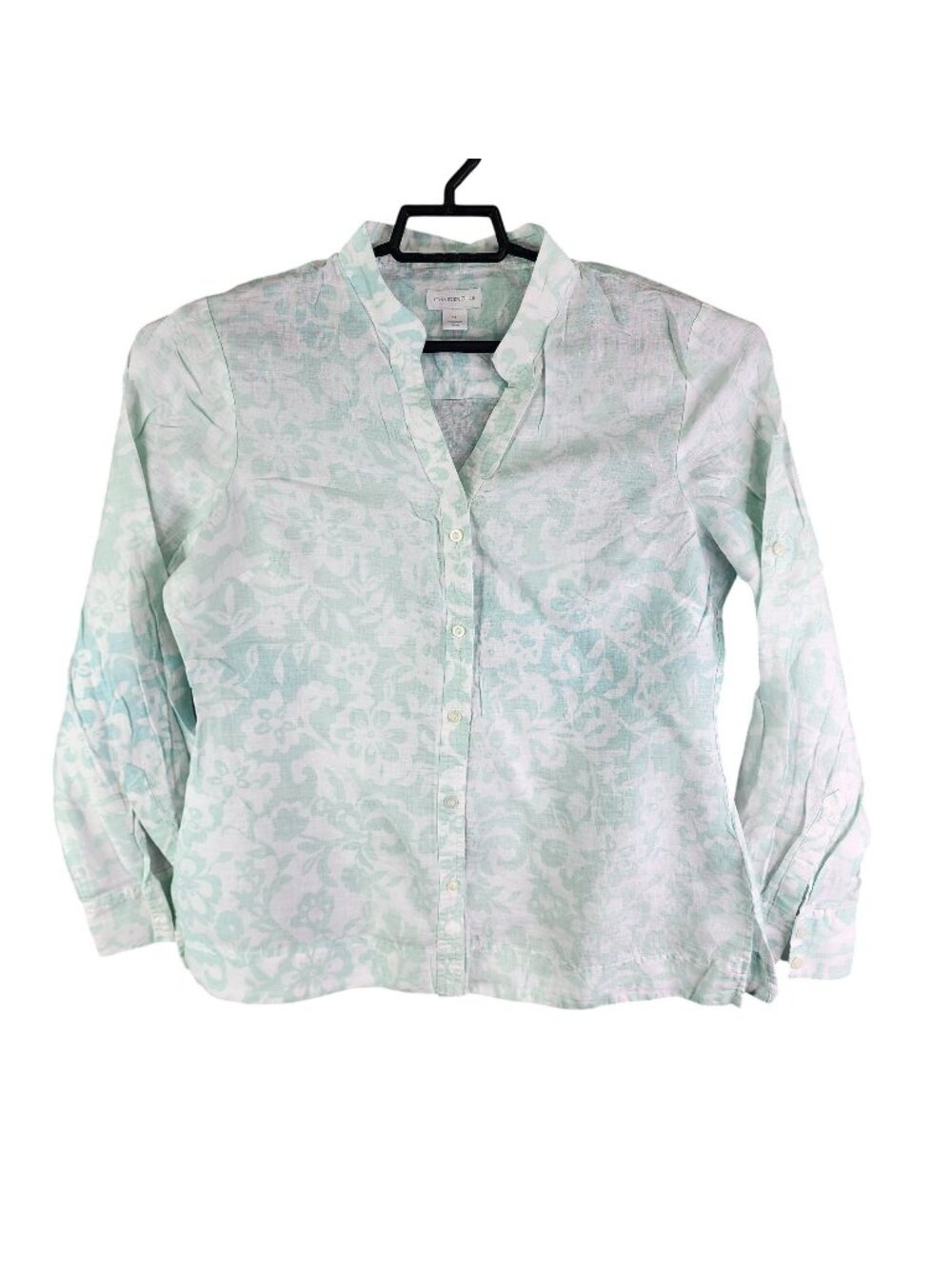 Womens Charter Club 100% Linen Teal White Floral Button Up Shirt Size 14
